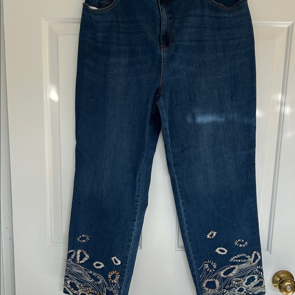 Chico's Dark Blue Embroidered Cropped Jeans